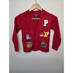 Pokemon Patch Varsity Kids Red Cardigan Sweater French Toast XS 4/5 Pikachu‎